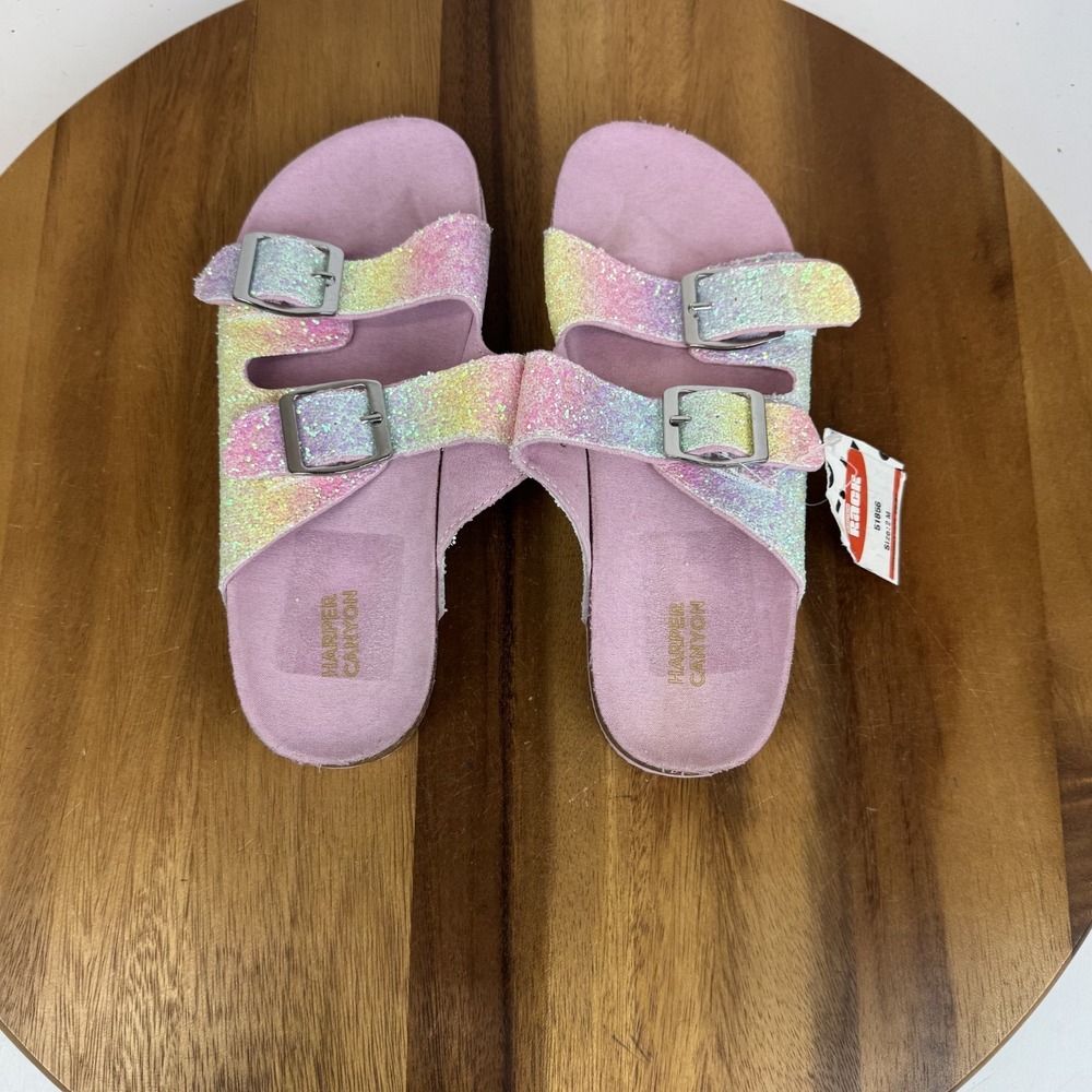 New Big Kids Harper‎ Canyon Delilah Rainbow Glitter Pink Slide Sandals Size 2 Y